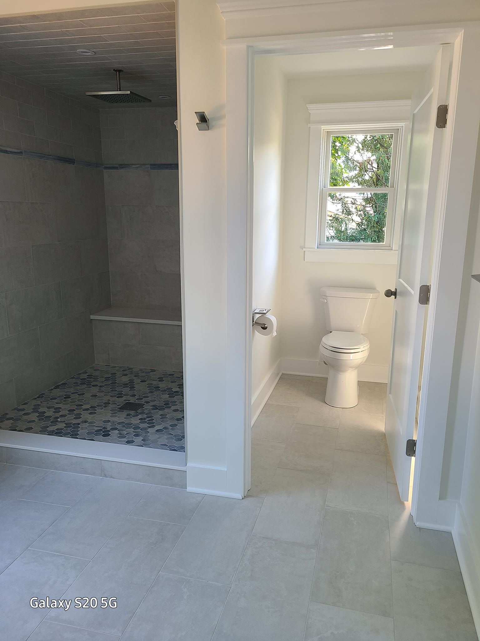 A bathroom with a toilet , shower and window.