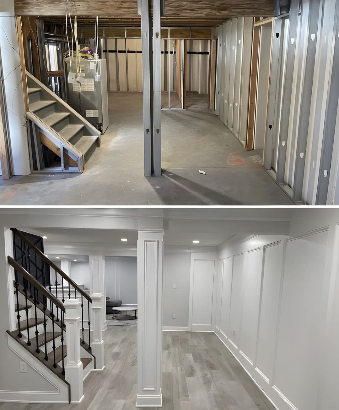 A before and after photo of a basement with stairs.