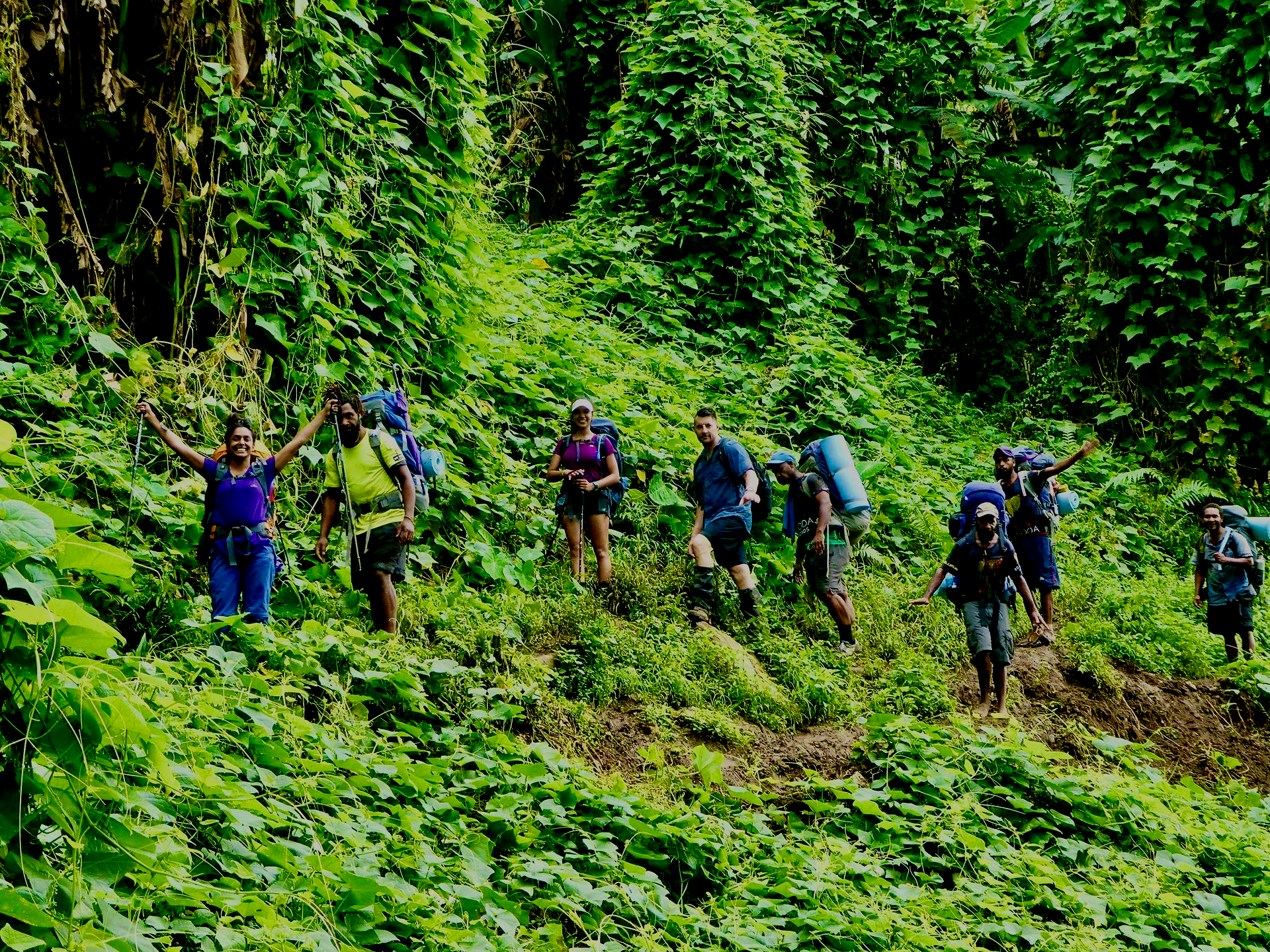 Kokoda Track hikers with backpacks wade through a shallow, rocky stream in a lush green Papua New Guinea jungle.