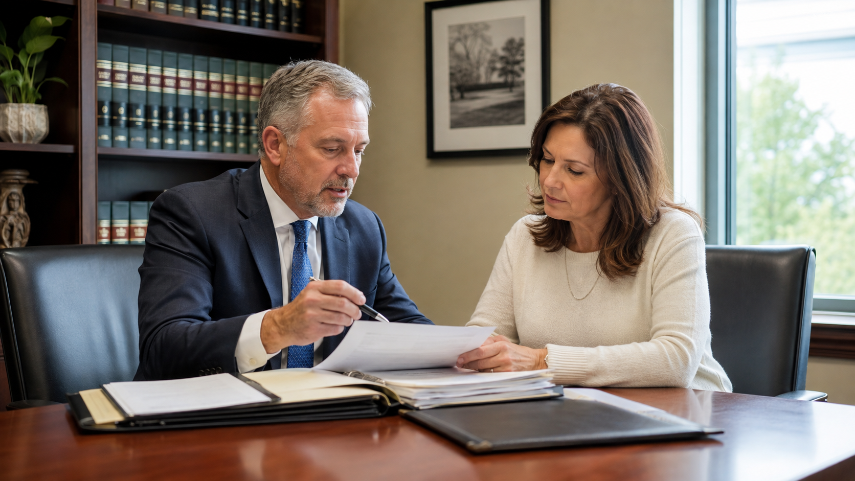 Attorney reviewing will documents with client
