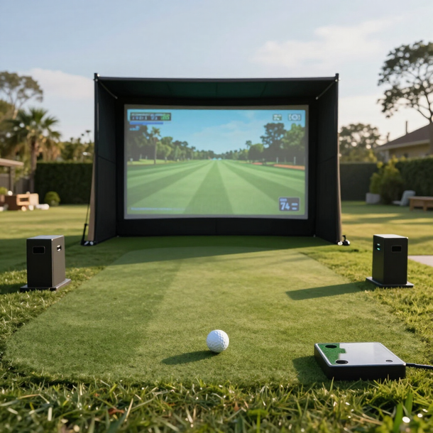 Golf simulator bay with projected fairway, ball on mat, and black enclosure outdoors