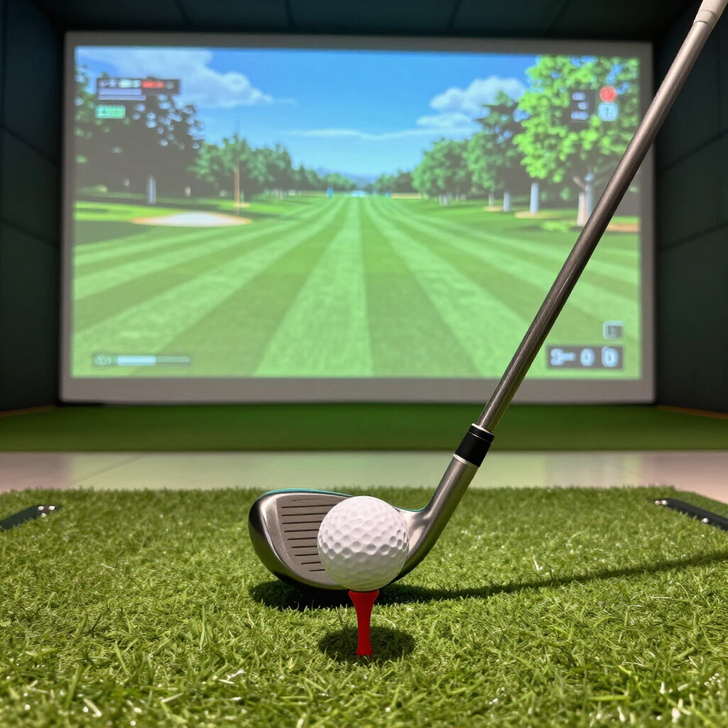 Golf club poised to hit a ball on indoor turf, with a driving range screen in the background.