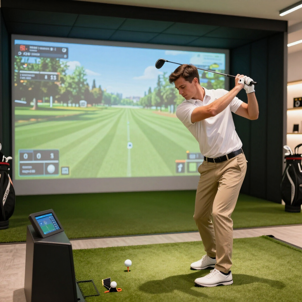 Man swinging a golf club in an indoor simulator with a large projected fairway screen
