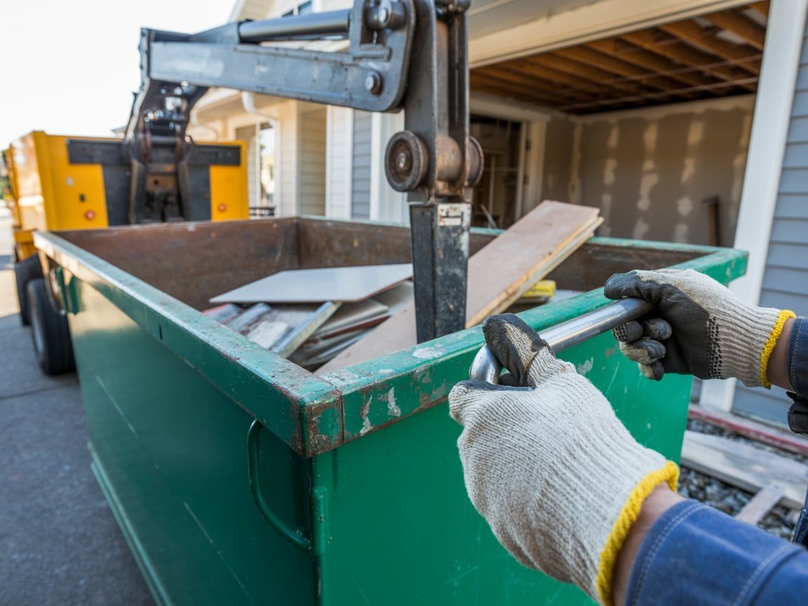 Green dumpster being filled with construction debris, with worker’s gloved hands and crane arm visible.
