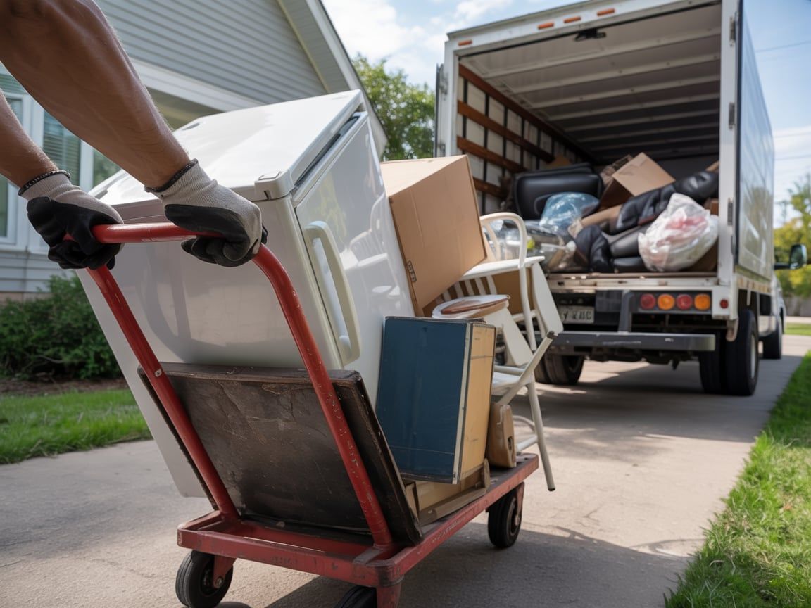 Person loading truck with appliance, boxes and furniture on a dolly outside a house.