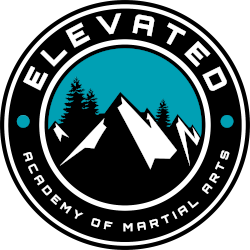 Elevated Academy of Martial Arts logo with mountains, pine trees, and teal, black, and white colors