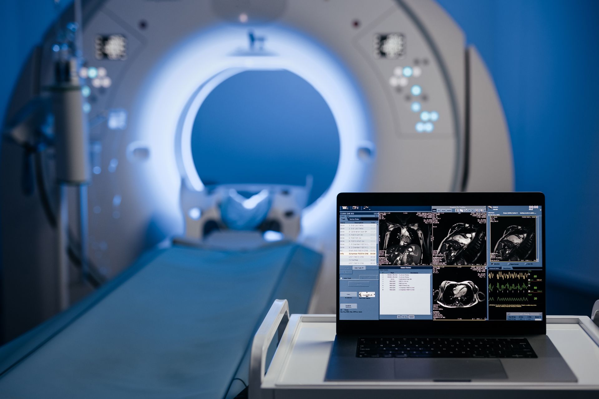 CT scanner with cardiac imaging software in a radiology suite. CT scanner with cardiac imaging software in a radiology suite.