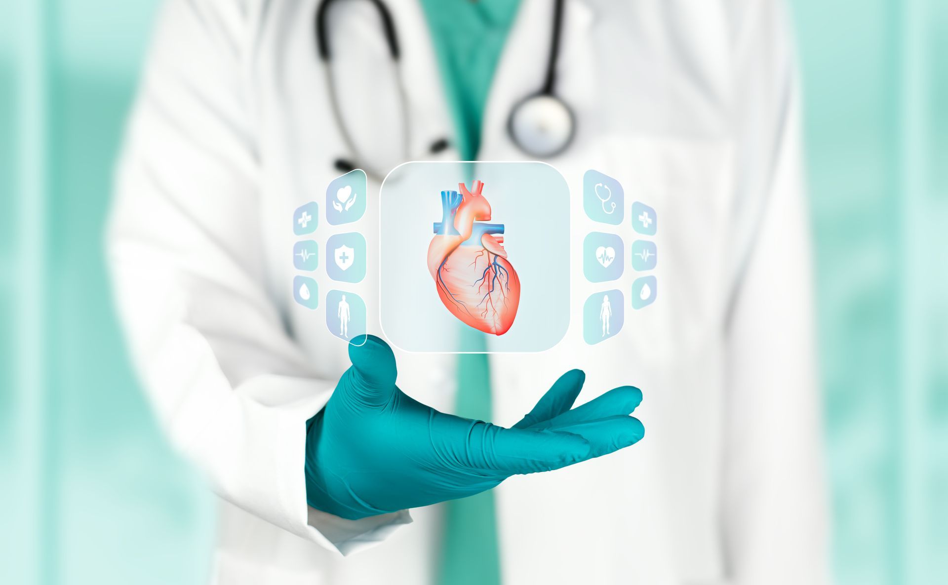 Doctor holding a digital heart model with medical icons for cardiovascular care.