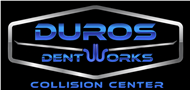 Duros Dent Works collision center logo in blue and white on black background