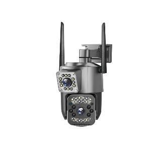 Cámara de seguridad inalámbrica con dos antenas y unidades de doble lente, montada sobre un soporte.