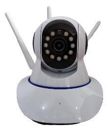 Cámara de seguridad inalámbrica blanca con antenas duales y LED infrarrojos.