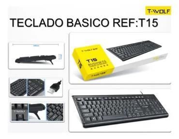 Collage de un teclado básico T-Wolf T15 negro con caja de producto amarilla, etiquetada como “TECLADO BASICO REF.T15”.