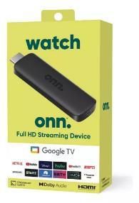 Caja del dispositivo de transmisión 4K de onn. en embalaje amarillo verdoso con dispositivo negro y logotipo de Google TV.