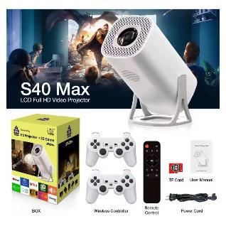 Miniproyector HD blanco S40 Max con accesorios, control remoto, mandos de juego, cable de alimentación y tarjeta TF.
