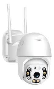 Cámara de seguridad exterior blanca con antenas duales y LED infrarrojos de visión nocturna.