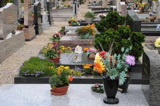 Tomba cimiteriale ricoperta di fiori, con piante in vaso e composizioni floreali colorate sulle lapidi.