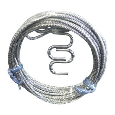 Coiled silver cable with a metal S-shaped hook, likely for hanging or support.
