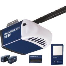Chamberlain garage door opener with remote, sensors, and keypad. Blue and white.