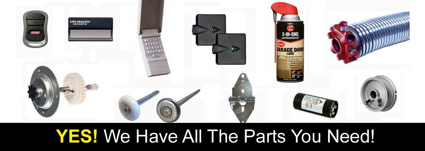 Garage door parts laid out, text at the bottom reads