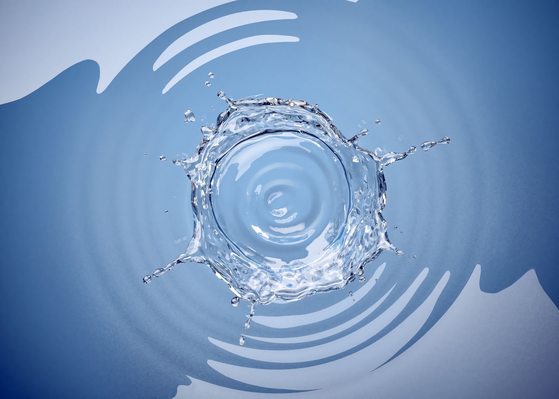 Blue water splash with ripples on a light blue background