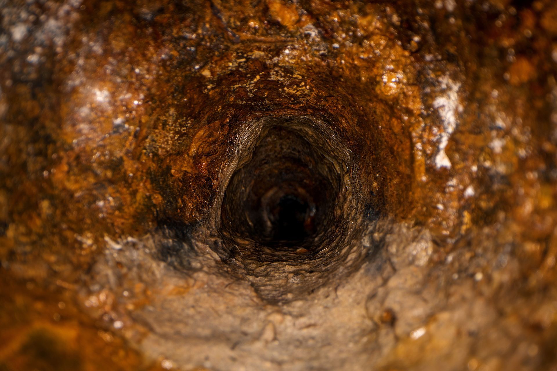Rusty-brown tunnel or pipe interior with a dark opening in the center
