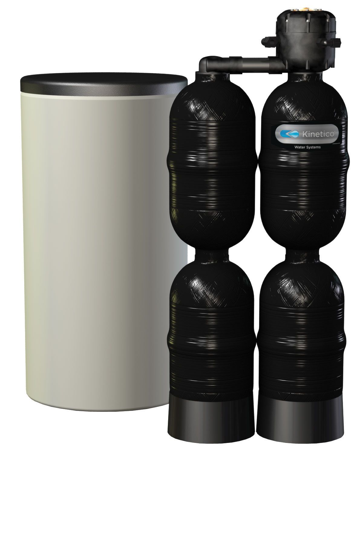 Two tall black water softener tanks connected at the top, standing side by side.