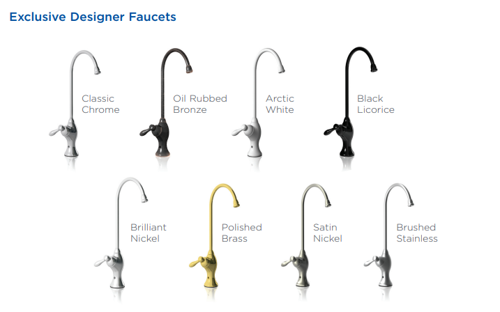 Exotic designer faucets in six finishes: chrome, bronze, white, black, nickel, brass, and stainless steel.