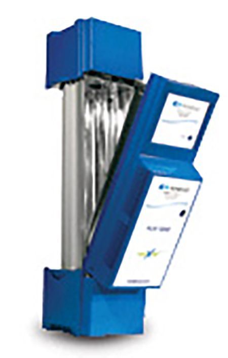 Blue and silver angled industrial display stand with two white panels and a blue top cover