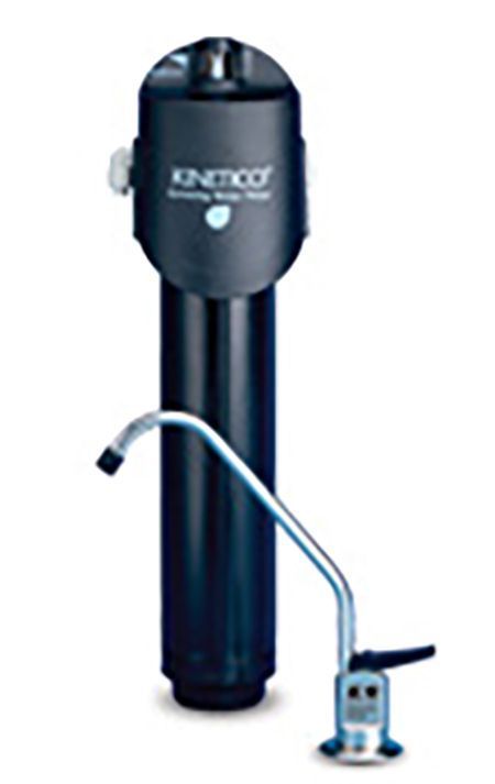 Large black water filtration tank with a curved silver faucet and small spigot control panel