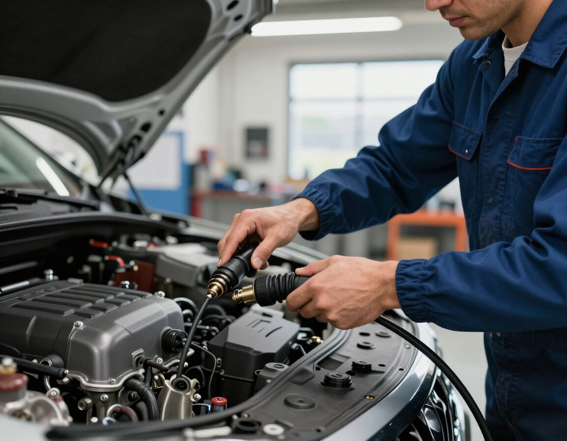 Mechanic connecting diagnostic cable to engine