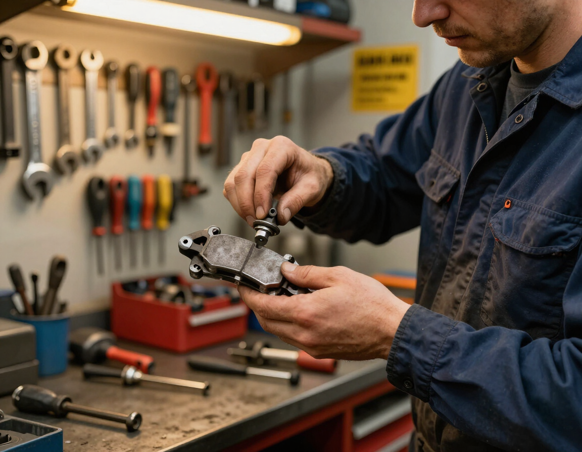 Mechanic fitting brake pads in workshop