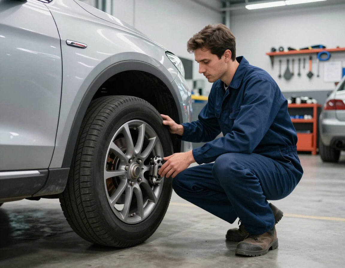 Mechanic inspecting brakes and tyres before ITV test