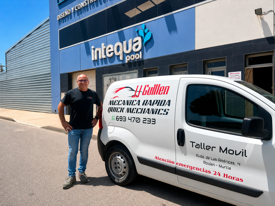 Man standing beside a white service van outside the Intequa Pool building