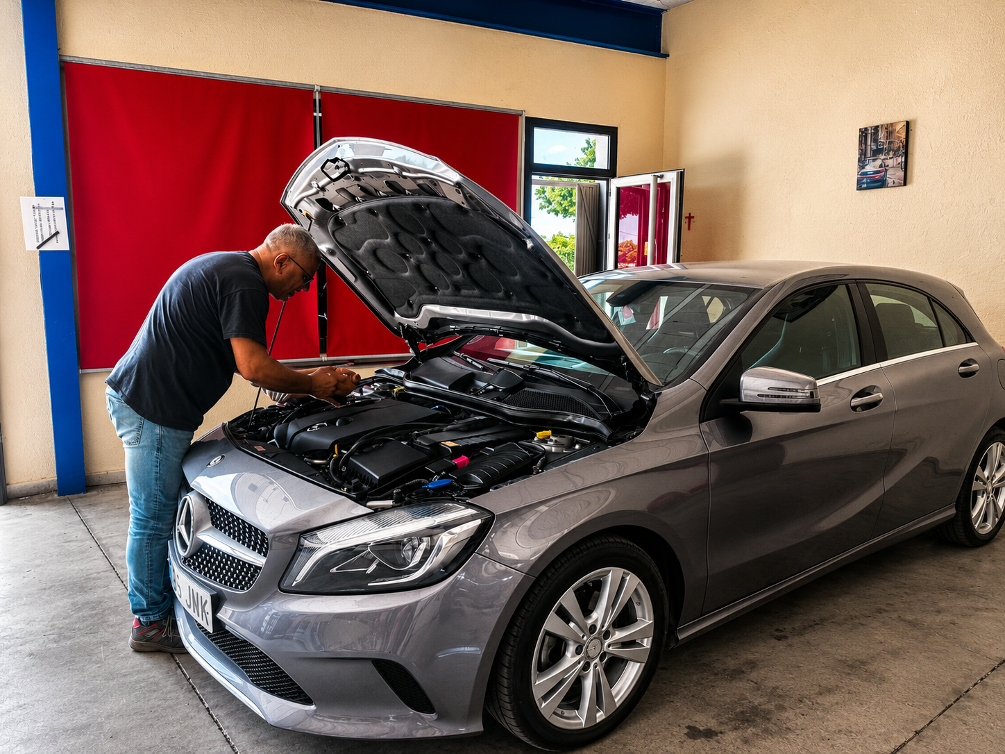 Mechanic inspecting engine bay in clean modern workshop
