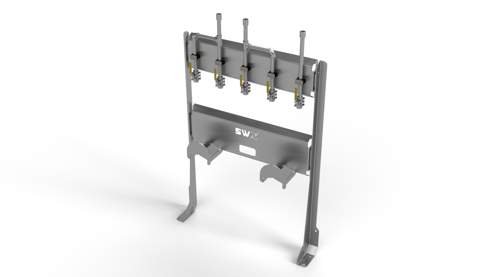 A 3d model of a stainless steel wall mounted monitor holder on a white background.