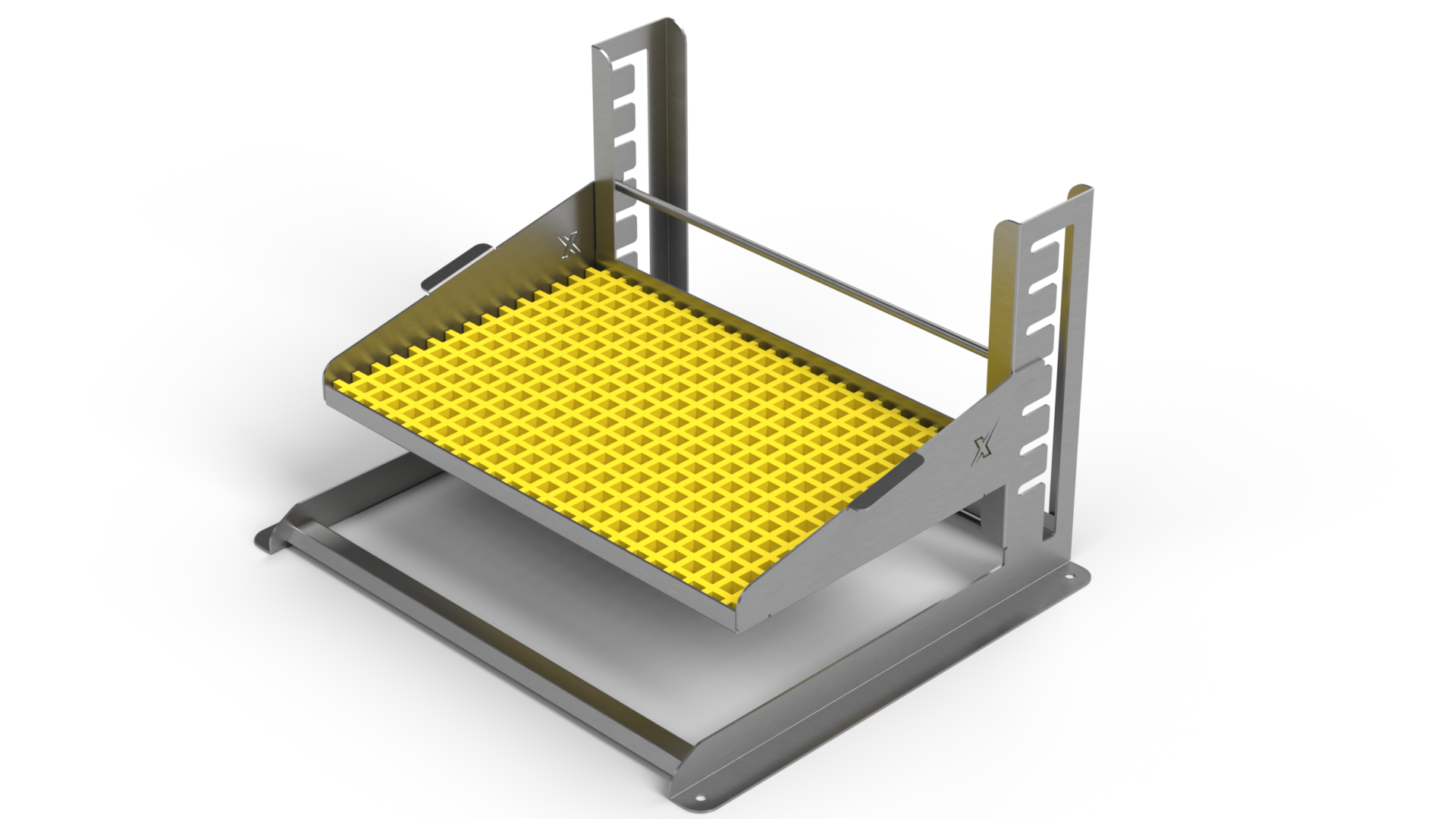 A stainless steel tray with a yellow grate on top of it.
