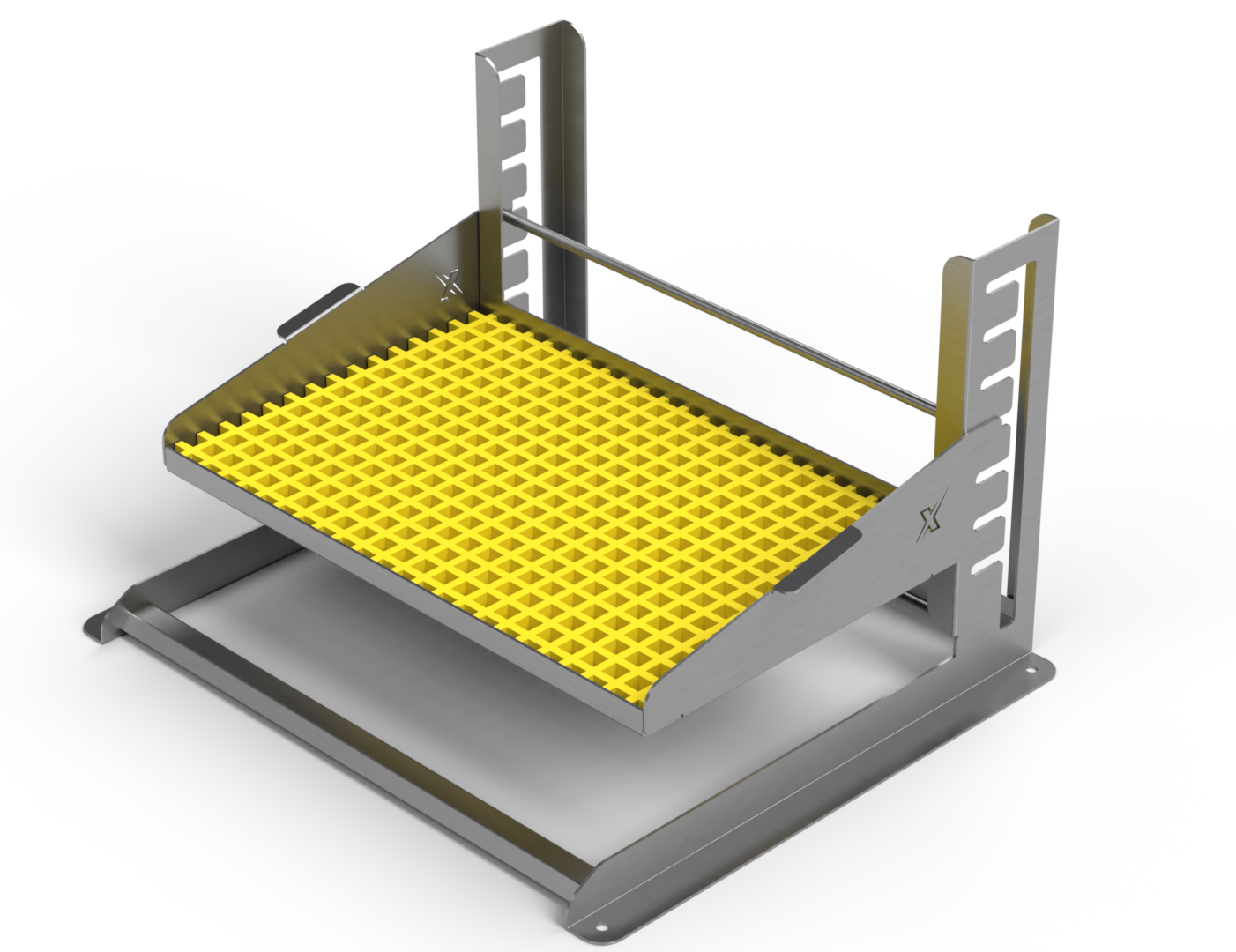 A metal tray with a yellow grate on top of it