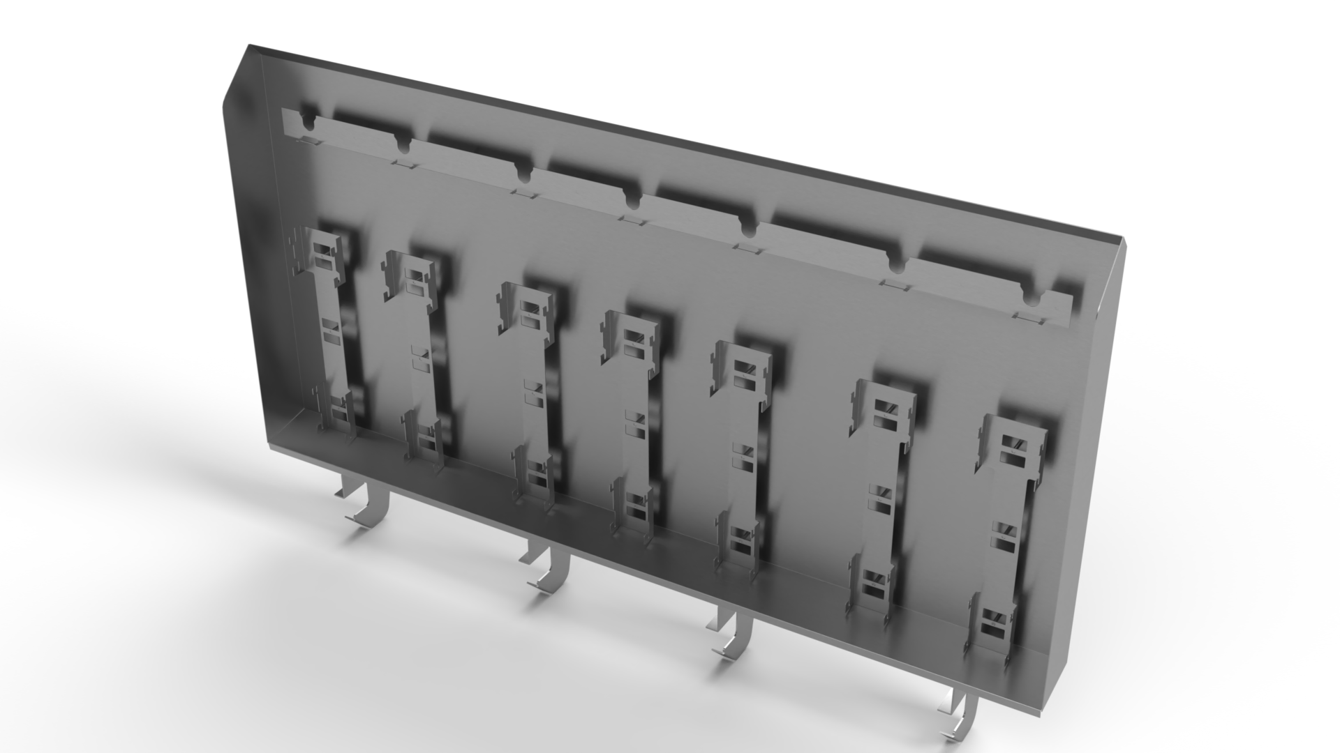 A 3d model of a metal wall with hooks on it.