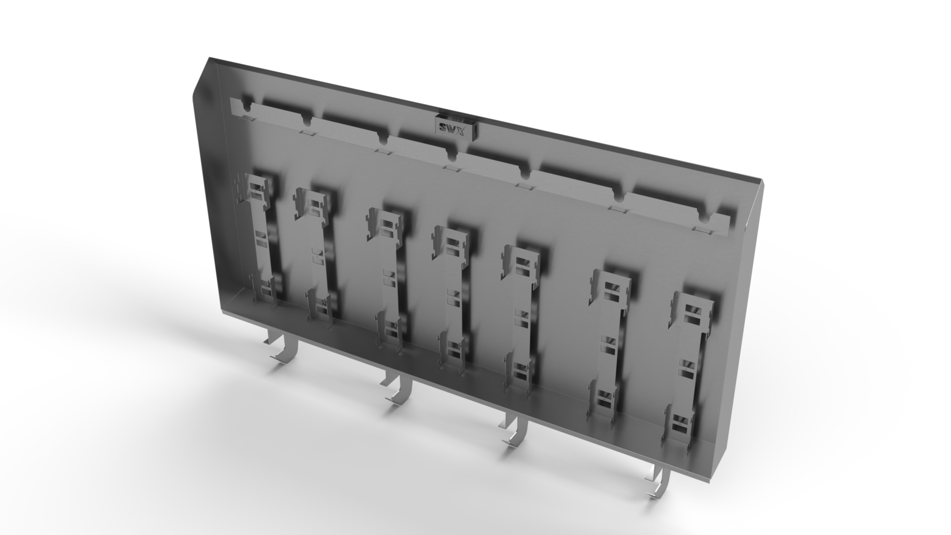 A 3d model of a wall with a row of hooks on it.