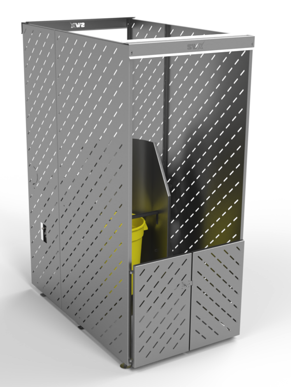 A stainless steel cabinet with a yellow trash can inside of it