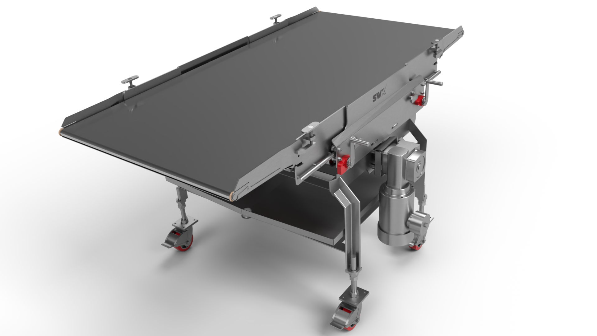 A 3d model of a conveyor belt with wheels on a white background.