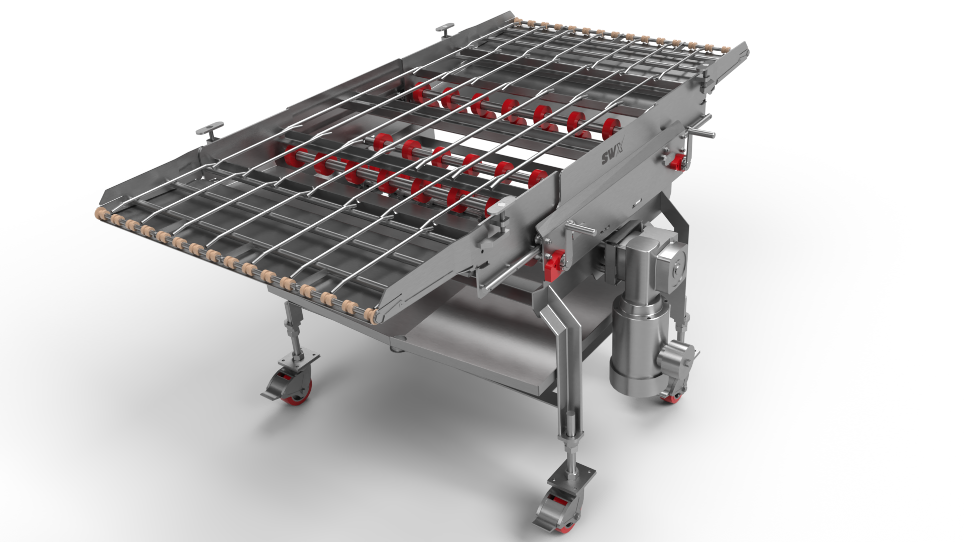 A stainless steel table with wheels and a conveyor belt.