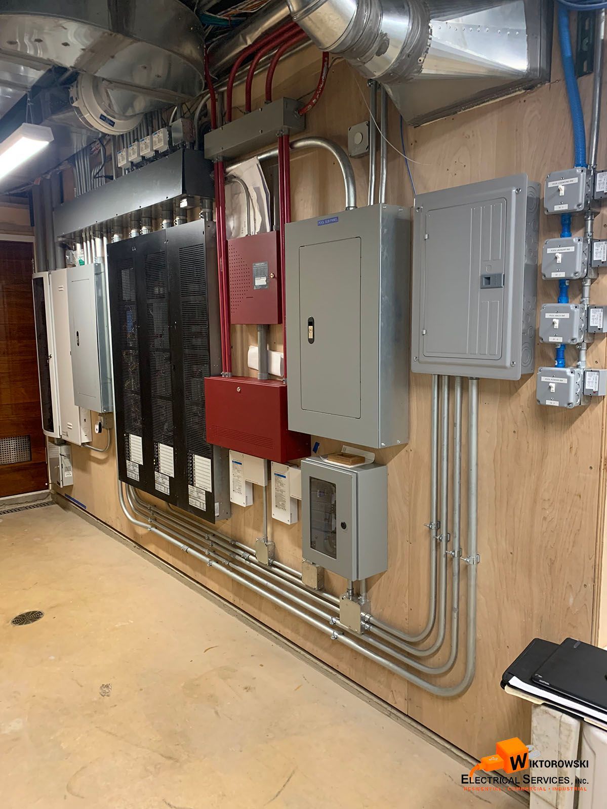 A room with a lot of electrical equipment on the wall.