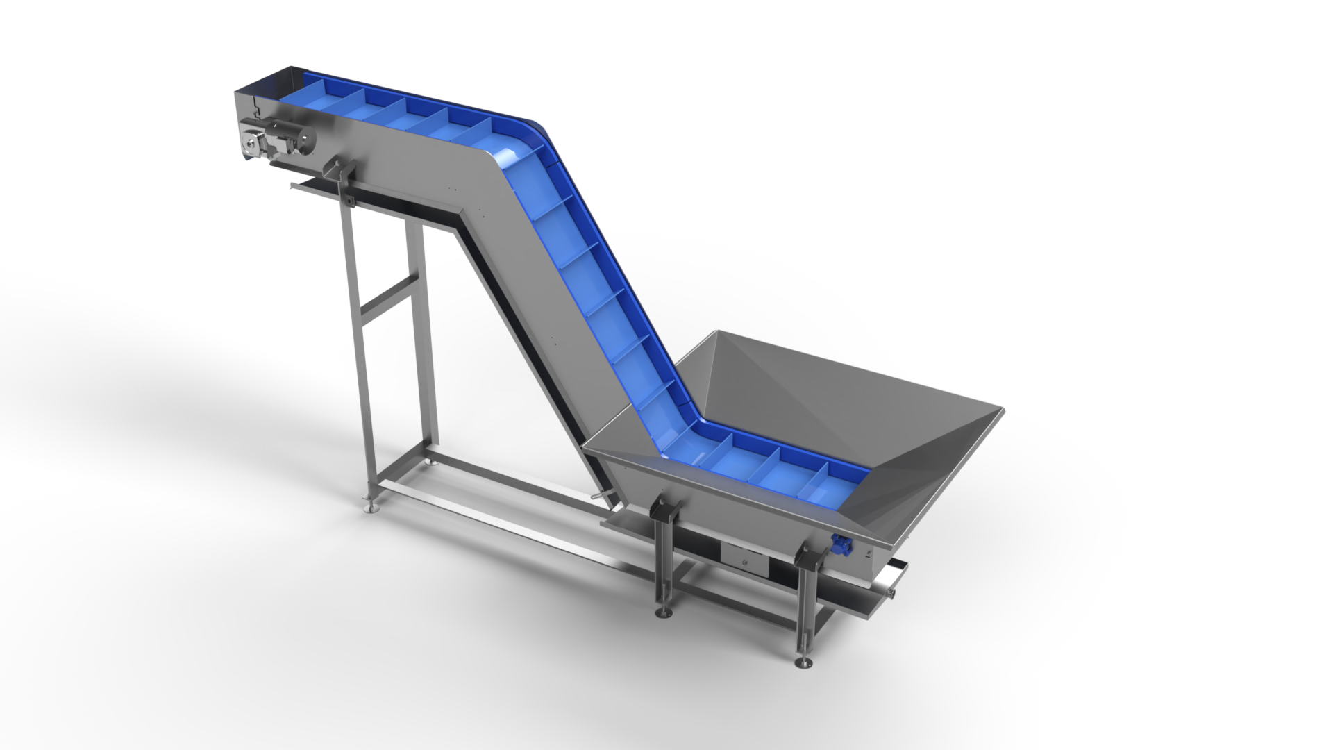 A conveyor belt with a blue belt and a bucket on a white background.