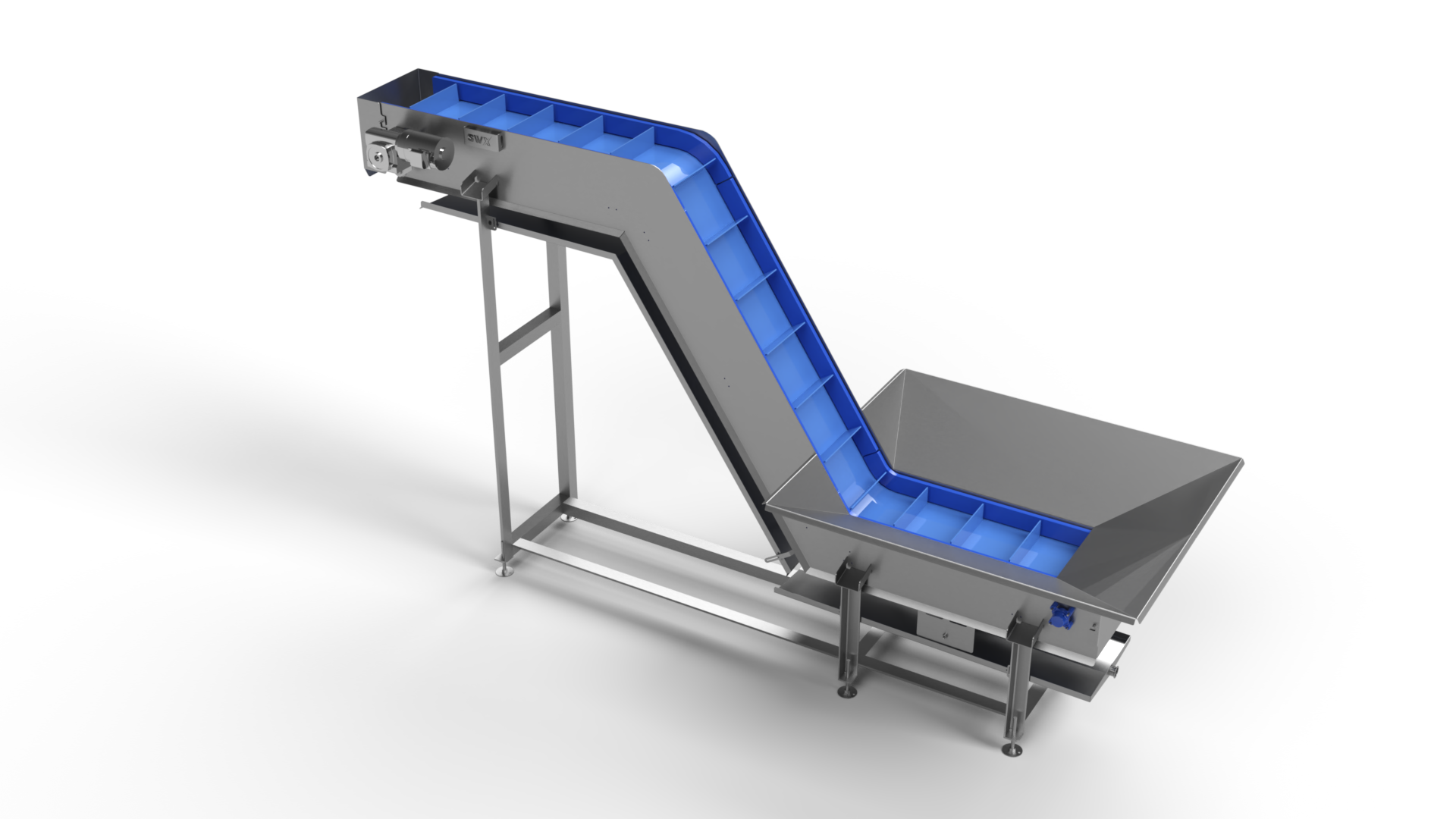 A conveyor belt with a blue belt is on a white background.