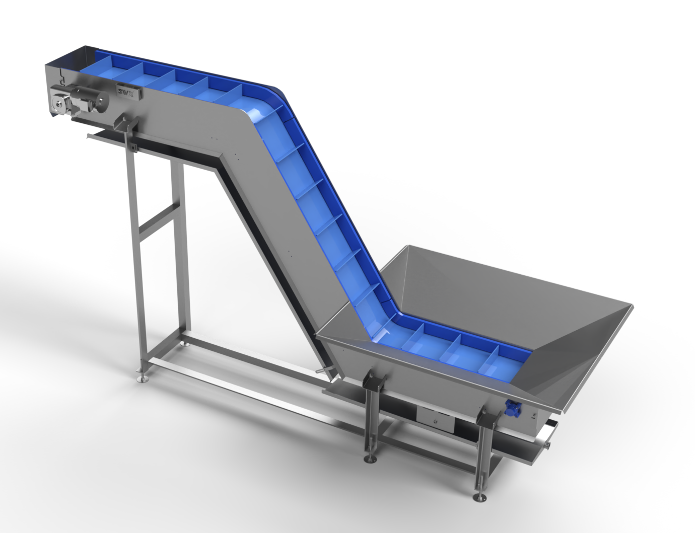 A conveyor belt with blue boxes on it is on a white background.