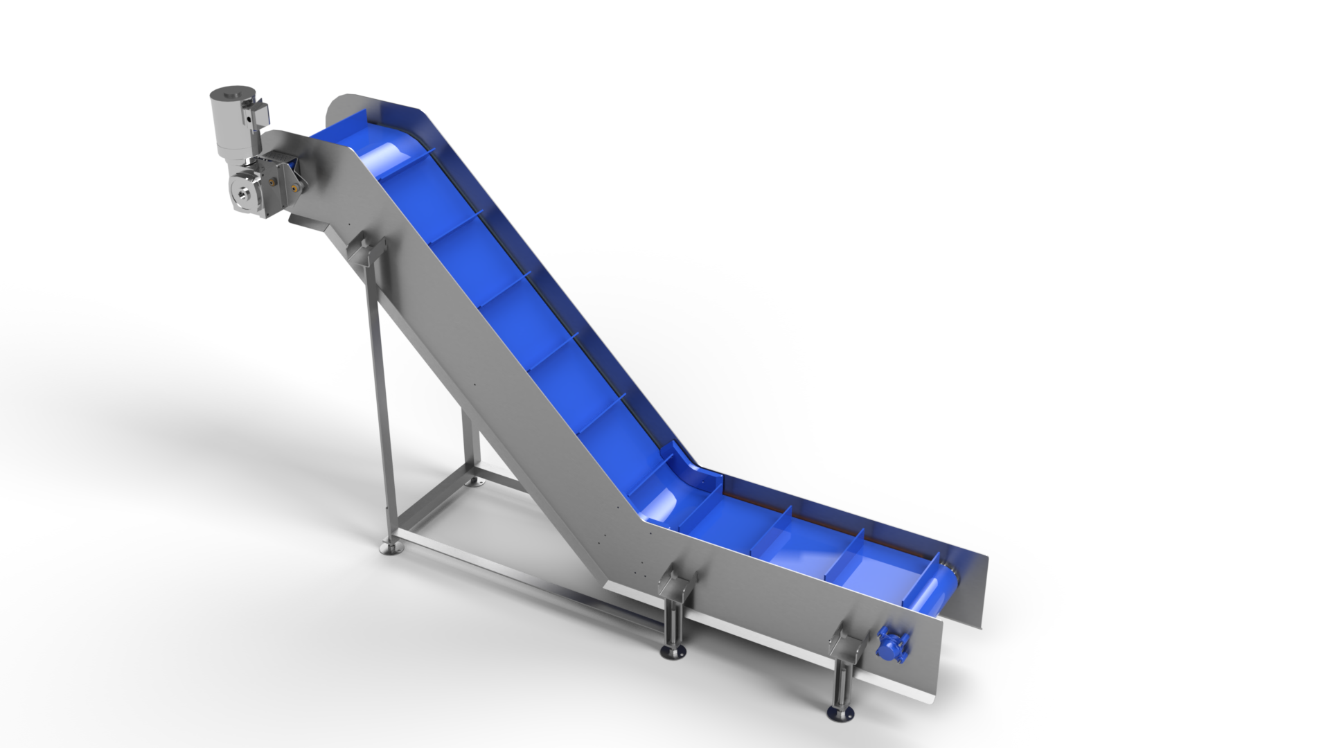 A conveyor belt with a blue belt and a motor on a white background.