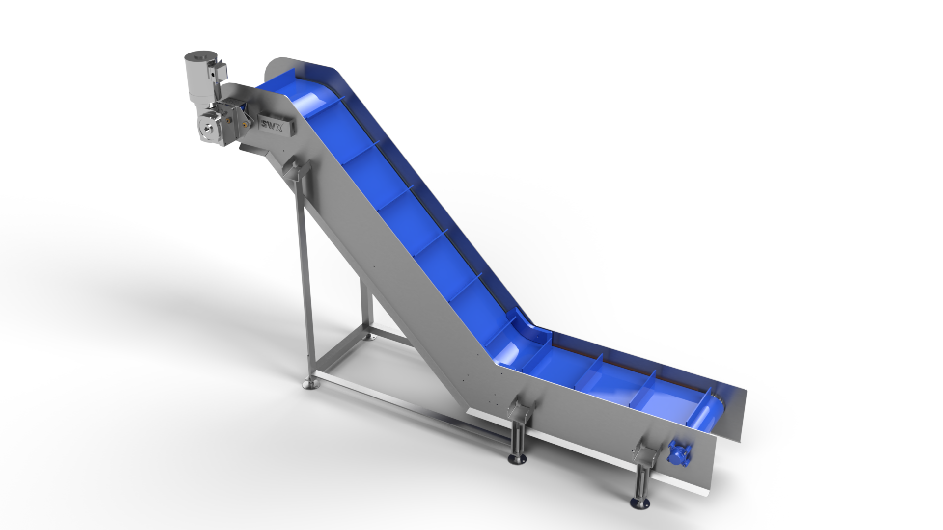 A conveyor belt with a blue belt on a white background.