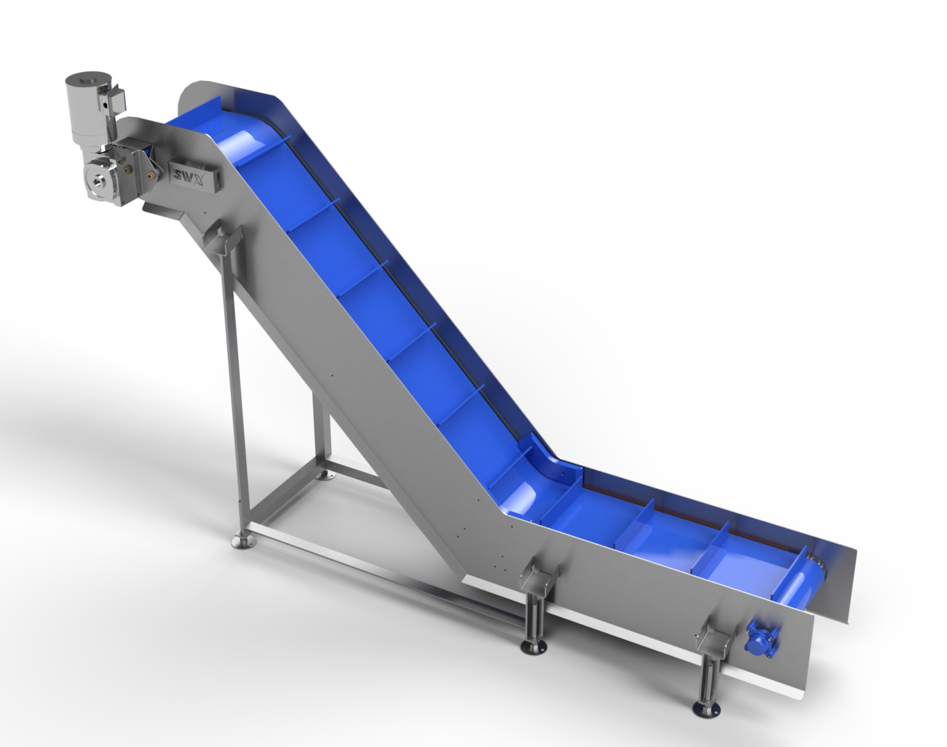 A conveyor belt with a blue belt and a motor attached to it