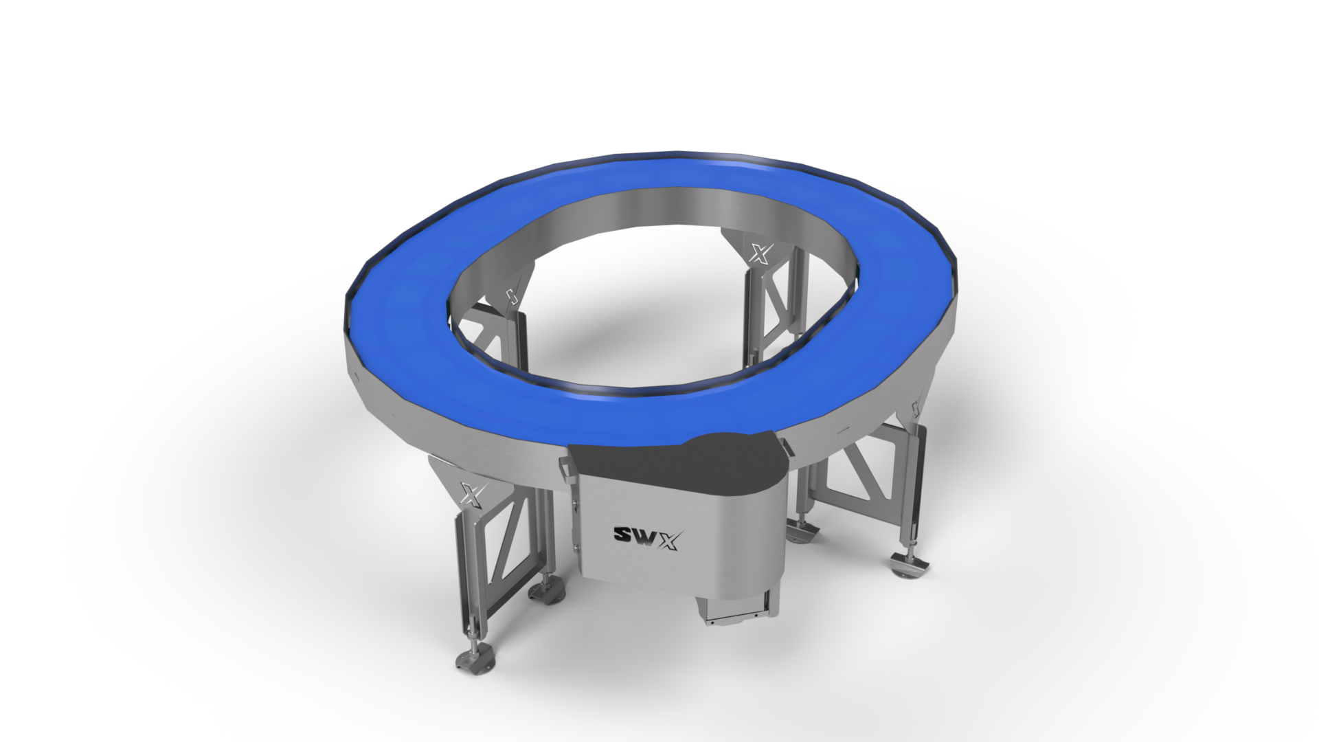 A 3d model of a conveyor belt with a blue belt around it.